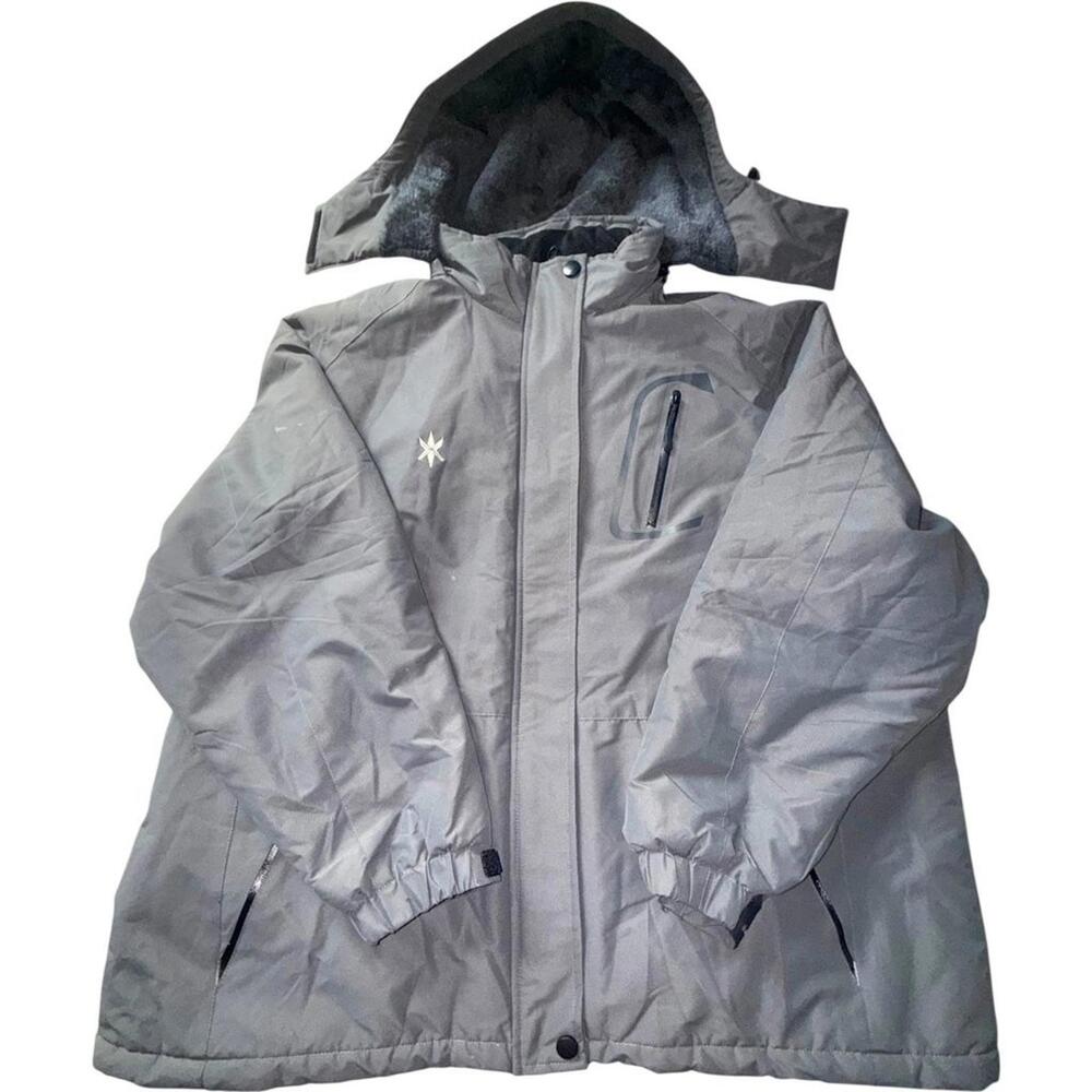 Gray Hooded Winter Jacket with Embroidered Logo